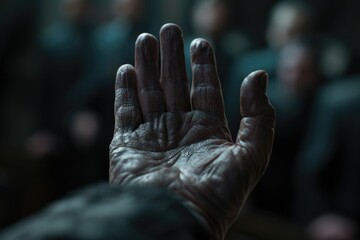 Fototapete - A person holding their hand out in front of a group of people. This image can be used to represent teamwork, leadership, or collaboration