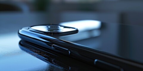 Poster - A close-up view of a cell phone resting on a table. Perfect for illustrating technology and communication concepts
