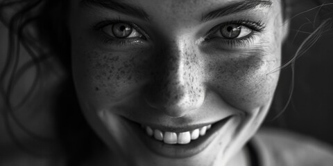 Poster - A close-up view of a woman's face showcasing her unique freckles. This image can be used to promote natural beauty or skincare products