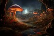 Enchanting scenery featuring enormous fungi, accompanied by a captivating backdrop. Generative AI