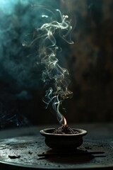 Aufkleber - A lit incense stick in a bowl with smoke coming out of it. Perfect for creating a peaceful and calming atmosphere.