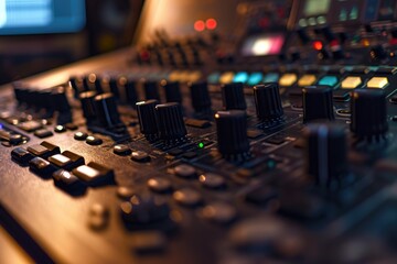 Canvas Print - A close up view of a control board in a recording studio. Can be used to depict the technical aspects of music production