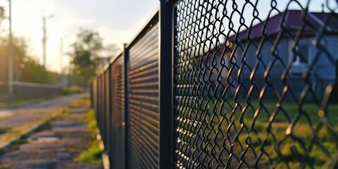Poster - A chain link fence along the side of a road. Suitable for depicting urban landscapes and transportation infrastructure
