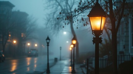 Poster - A street light shining in the rain on a dark, wet night. Suitable for various uses