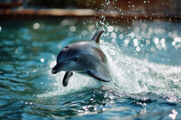 Aufkleber - A dolphin gracefully jumps out of the water. Perfect for aquatic-themed designs and marine life illustrations