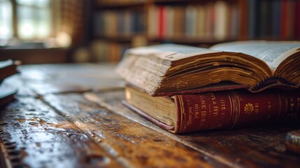 Poster - A stack of books sitting on top of a wooden table. Perfect for educational and academic themes