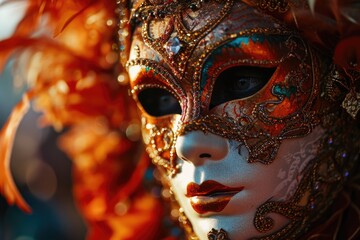 Poster - A close up of a mask adorned with feathers. This versatile image can be used for various occasions and themes