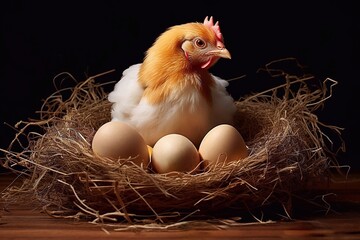 Wall Mural - Chicken and eggs in a nest on a wooden table, black background . Chicken and eggs