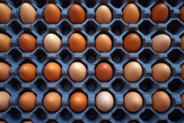 Wall Mural - Eggs in a tray. White and brown chicken eggs. Top view. Close up.