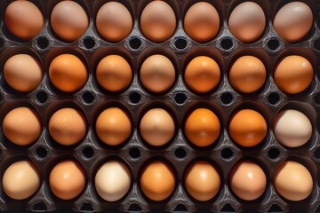 Wall Mural - Brown and white chicken eggs in a gray cardboard box. Top view