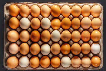 Wall Mural - Top view of brown and white eggs in a cardboard box on a gray background. Background of fresh organic chicken eggs in a tray.