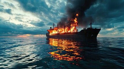 Aerial view. A large ship is burning at sea. Ship is on fire. Space for text.