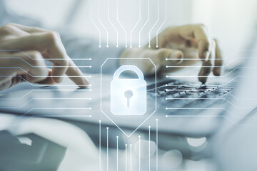 Aufkleber - Creative lock illustration with microcircuit and hands typing on computer keyboard on background, cyber security concept. Multiexposure