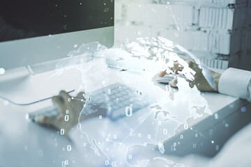 Poster - Double exposure of abstract programming language hologram with world map and hands typing on laptop on background, research and development concept