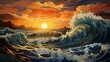 Warm sunset with big wave, cartoon background. Abstract sunset wallpaper. 
