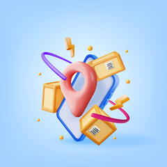 Poster - 3D Carton Packaging Box, Location Pin in Smartphone Isolated. Render Cardboard Package with Cover. Postal Signs of Fragile. Carton Delivery Packaging. Transportation and Logistics. Vector Illustration