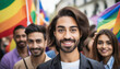 Group of happy young multiethnic people with lgbt flag in the street
