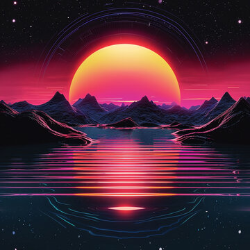 retrowave surreal landscape with a big bright purple, orange and red sun, calm place with sea mountains, wallpaper background