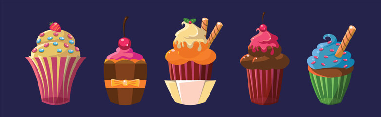 Poster - Cupcake Baked Sweet Dessert with Cream and Topping Vector Set
