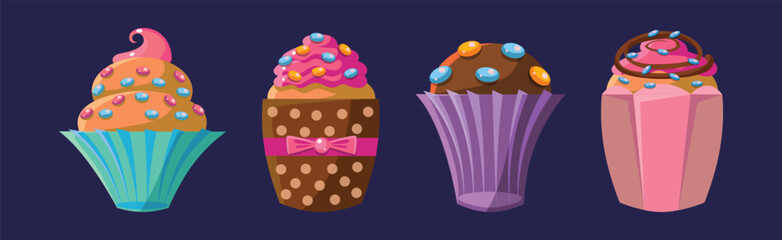 Poster - Cupcake Baked Sweet Dessert with Cream and Topping Vector Set
