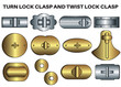 Turn lock clasp closure and twist lock clasp buckles flat sketch vector illustration, set of twist lock clasp for bag, purse and handbag lock, closures buckles cad drawing template