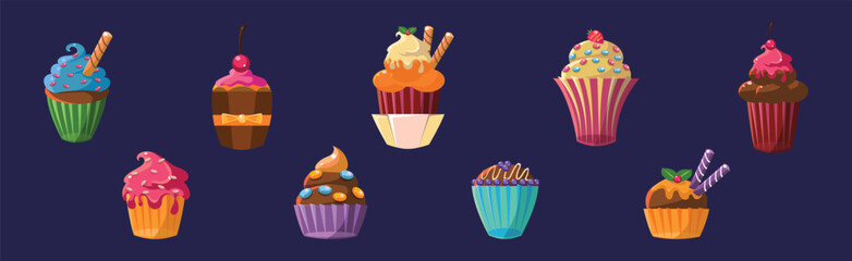 Sticker - Cupcake Baked Sweet Dessert with Cream and Topping Vector Set