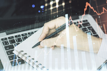 Aufkleber - Double exposure of abstract creative financial chart with hand writing in notebook on background, research and strategy concept