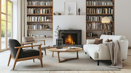 Wall Mural - Sofa and chair in room with fireplace and book shelf. Scandinavian style home interior design of modern living room