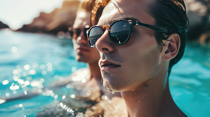 Wall Mural - Gay couple wearing sunglasses relaxing in swimming pool or in a sea. LGBT. Two young men enjoying nature outdoors and hugging. Young men romantic family in love. Happiness concept.