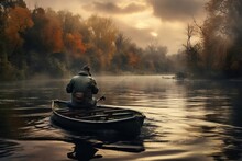 Man Fishing In His Boat In The Middle Of The River On An Autumn Day. Concept Hobby, Retirement