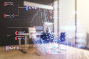 Aufkleber - Double exposure of abstract programming language with world map and modern desktop with laptop on background, research and development concept