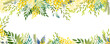 Horizontal frame with Yellow mimosa. Spring wreath of the brightest yellow flowers. Hello Spring . hand drawing. Not AI,