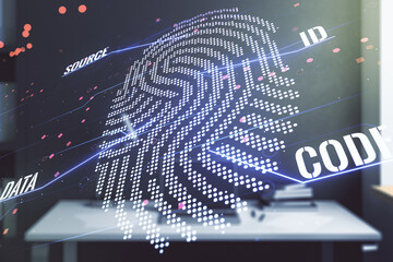 Aufkleber - Multi exposure of creative fingerprint hologram and modern desktop with laptop on background, personal biometric data concept