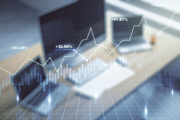 Aufkleber - Multi exposure of abstract financial graph and modern desktop with pc on background, financial and trading concept