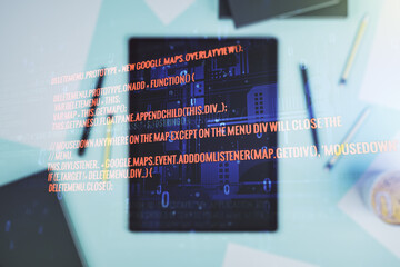 Aufkleber - Double exposure of abstract programming language hologram and digital tablet on background, top view, research and development concept