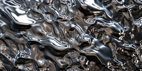 Fototapete - Close up texture of liquid shiny metal in silver gray color with highlights and shimmers. Liquid metallic texture, backdrop for web promotion. 3d rendering illustration.