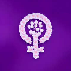 Illustration of the symbol of feminism, women empowerment made of flowers, 8 March, Women's Day sign on purple. It represents the women's revolution, non-violence, empowerment, feminine strength