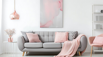 Wall Mural - Grey sofa with pink pillows and blanket against white wall with abstract art poster. Interior design of modern living room