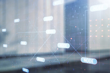 Poster - Double exposure of abstract programming language interface on modern business center exterior background, research and development concept