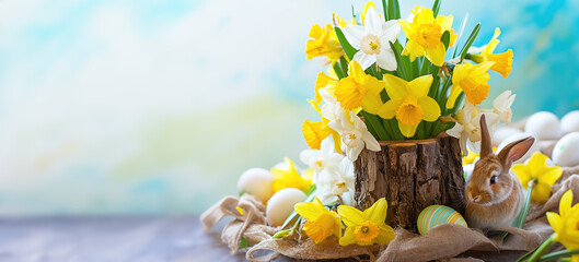 Wall Mural - Easter still life with bouquet of daffodils in vase from bark of wood, Easter eggs and cute rabbit.