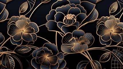 Wall Mural - Seamless pattern with black and gold flowers on a black background.