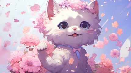 Wall Mural - A white cat with pink flowers on its head