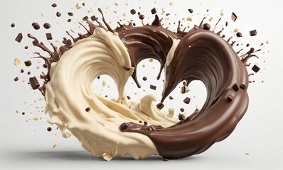 Dark chocolate bar icon with milk and chocolate cream splash, 3d illustration.