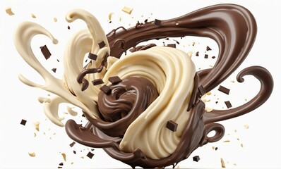 Dark chocolate bar icon with milk and chocolate cream splash, 3d illustration.