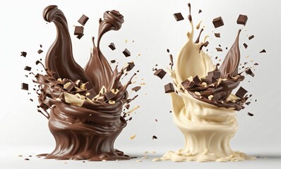 Dark chocolate bar icon with milk and chocolate cream splash, 3d illustration.