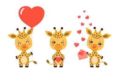 Wall Mural - Cute valentine animal vector illustration. Kawaii giraffe holding heart shape balloon, cake, envelope paper hearts. Cartoon giraffe calf character flat icons love mascot for valentine day greeting.