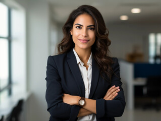 Hispanic smiling toothy Latino Indian successful confident Arabian businesswoman worker lady boss female leader girl business woman posing crossed hands looking at camera in office corporate portrait 