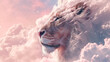 © Cherstva - The side profile of a thoughtful lion with a snowy mane set against a dreamy pink sky in pastel colors