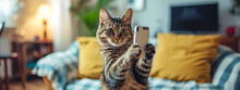Adorable Cat Holding A Smartphone As If Taking A Selfie, With A Cozy Home Background Lit By Warm Lights.