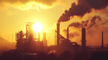 Smoking steelworks at sunset - environment pollution concept